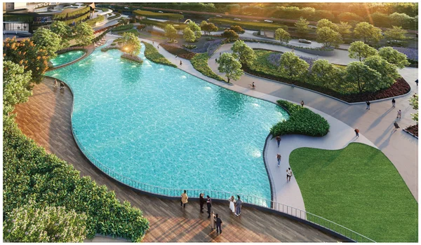 Front view of Purva Northern Lights residential towers with Bali-inspired landscape, North Bangalore