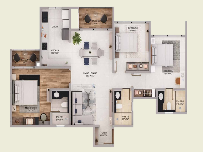 Featured Image of Purva Northern Lights 3 BHK 1685 Sq Ft Floor Plan