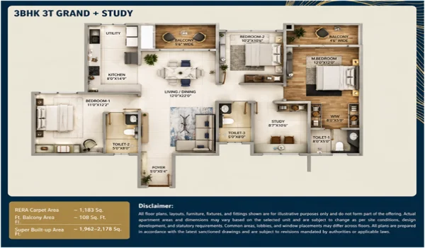 Featured Image of Purva Northern Lights 3BHK 3T Grand + Study: Full Floor Plan