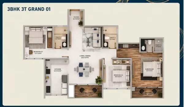 Featured Image of Technical Layout: Purva Northern Lights 3 BHK 3T Grand 01 Dimensions