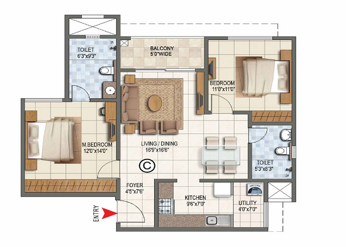 Purva Northern Lights 2 BHK Apartment Floor Plan