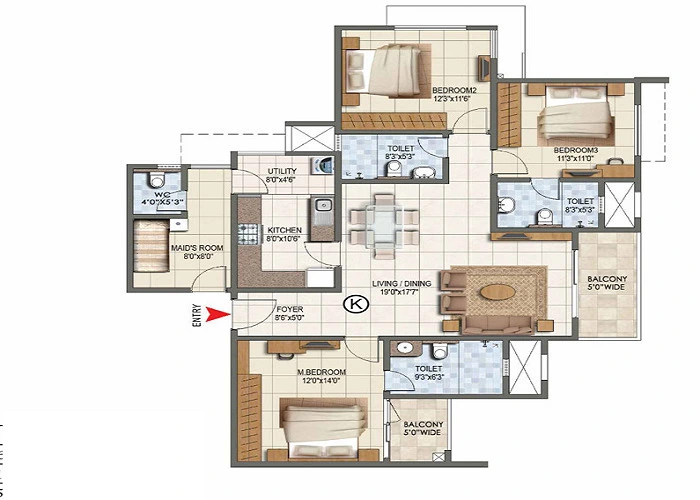 Purva Northern Lights 3 BHK Apartment Floor Plan
